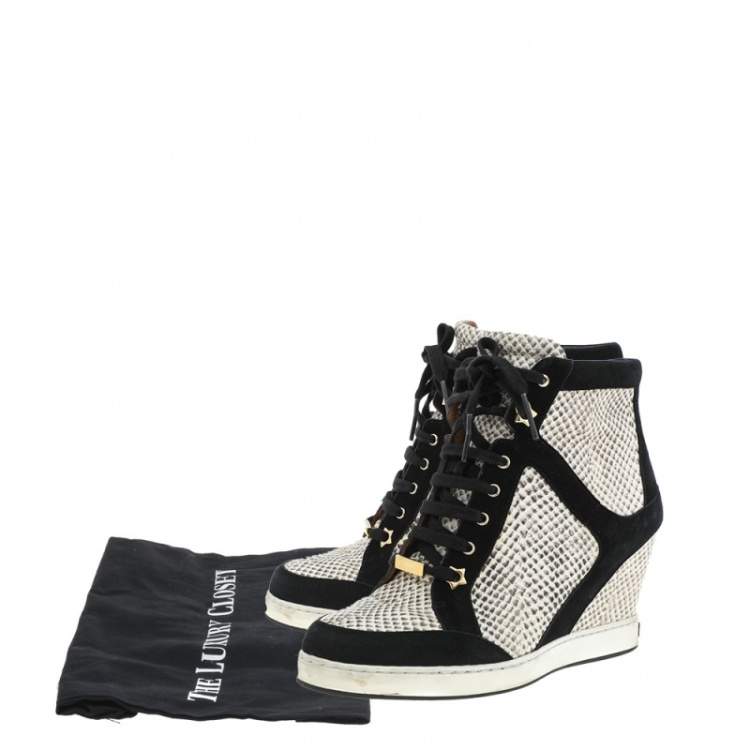 Pre Owned Jimmy Choo Black/Beige Suede And Python Embossed Leather Wedge Sneakers Size 38.5