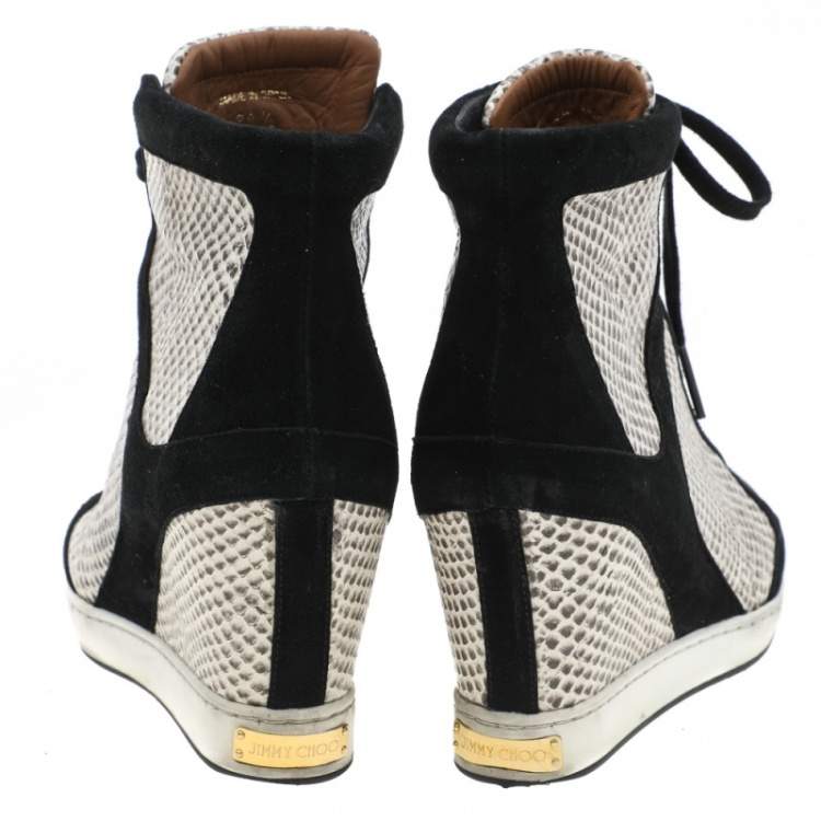 Pre Owned Jimmy Choo Black/Beige Suede And Python Embossed Leather Wedge Sneakers Size 38.5