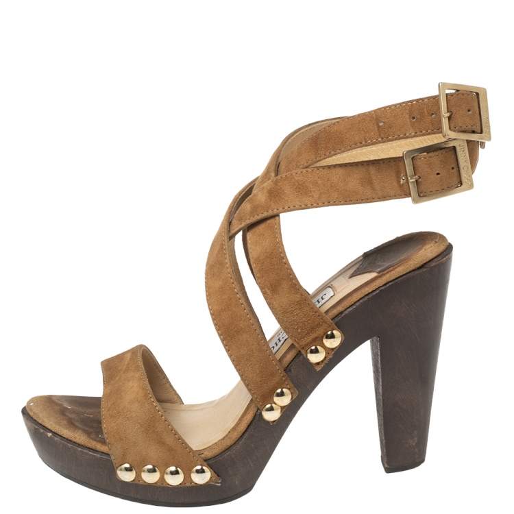 Pre Owned Jimmy Choo Brown Suede Unity Strappy Wooden Sandals Size 35.5