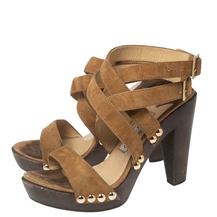 Pre Owned Jimmy Choo Brown Suede Unity Strappy Wooden Sandals Size 35.5