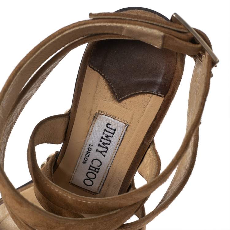 Pre Owned Jimmy Choo Brown Suede Unity Strappy Wooden Sandals Size 35.5