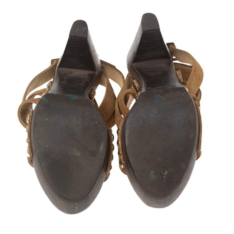 Pre Owned Jimmy Choo Brown Suede Unity Strappy Wooden Sandals Size 35.5