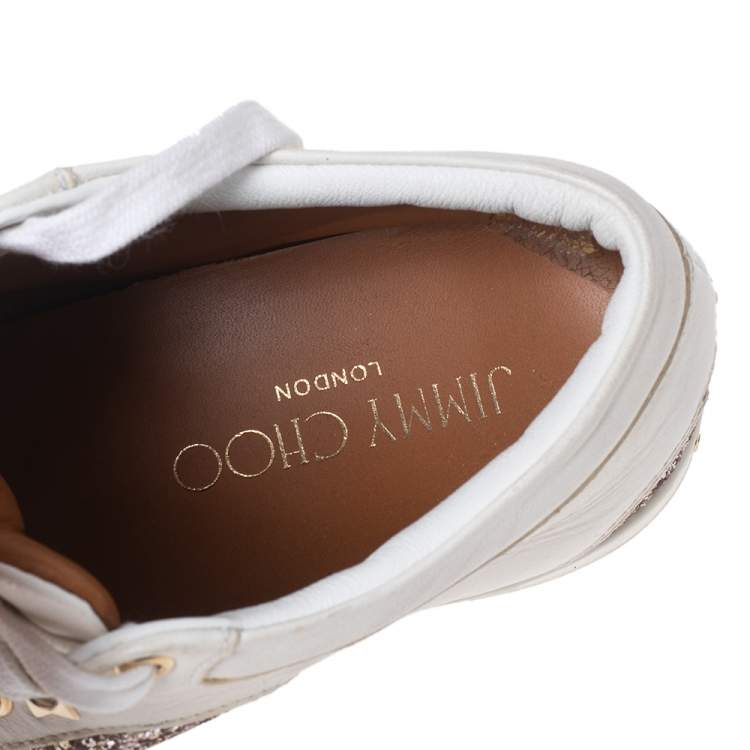 Pre Owned Jimmy Choo White/Gold Leather And Glitter Miami Lace Up Sneakers Size 37