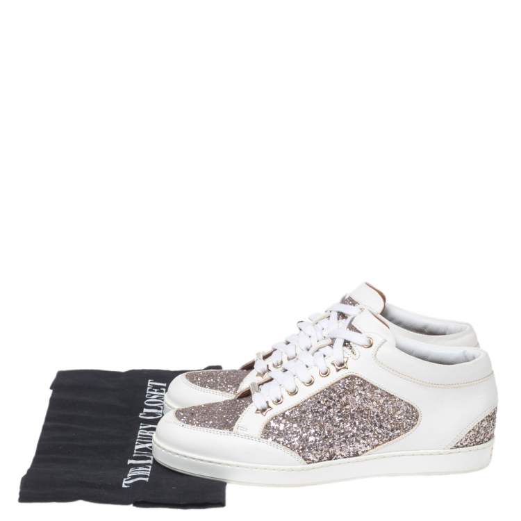 Pre Owned Jimmy Choo White/Gold Leather And Glitter Miami Lace Up Sneakers Size 37