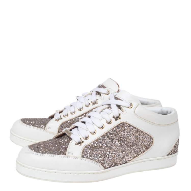 Pre Owned Jimmy Choo White/Gold Leather And Glitter Miami Lace Up Sneakers Size 37