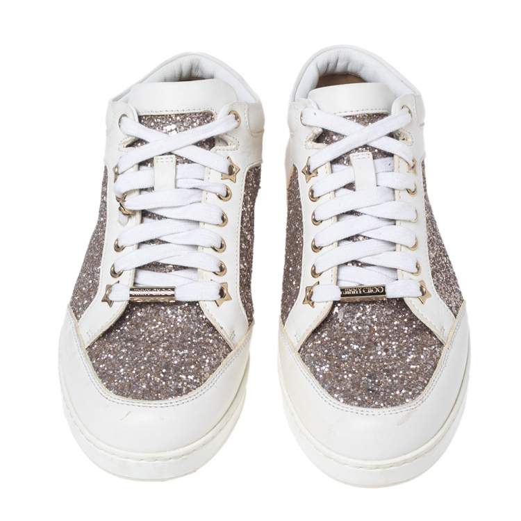 Pre Owned Jimmy Choo White/Gold Leather And Glitter Miami Lace Up Sneakers Size 37