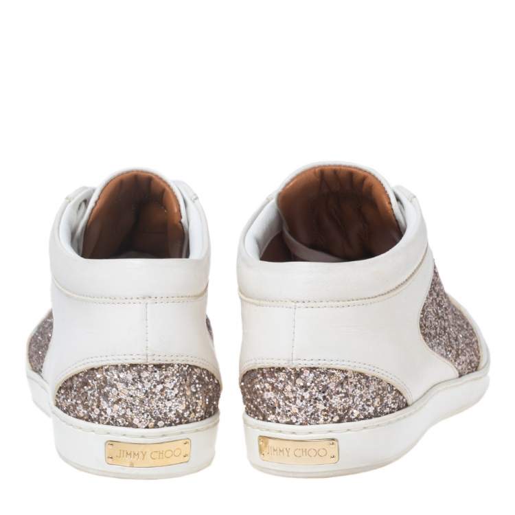 Pre Owned Jimmy Choo White/Gold Leather And Glitter Miami Lace Up Sneakers Size 37