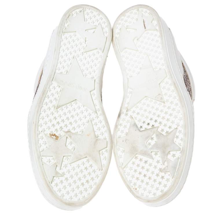 Pre Owned Jimmy Choo White/Gold Leather And Glitter Miami Lace Up Sneakers Size 37