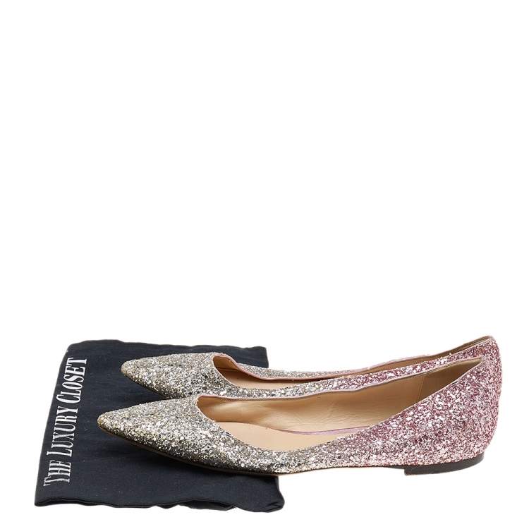 Pre Owned Jimmy Choo Metallic Silver/Pink Glitter Romy Pointed Toe Ballet Flats Size 40.5