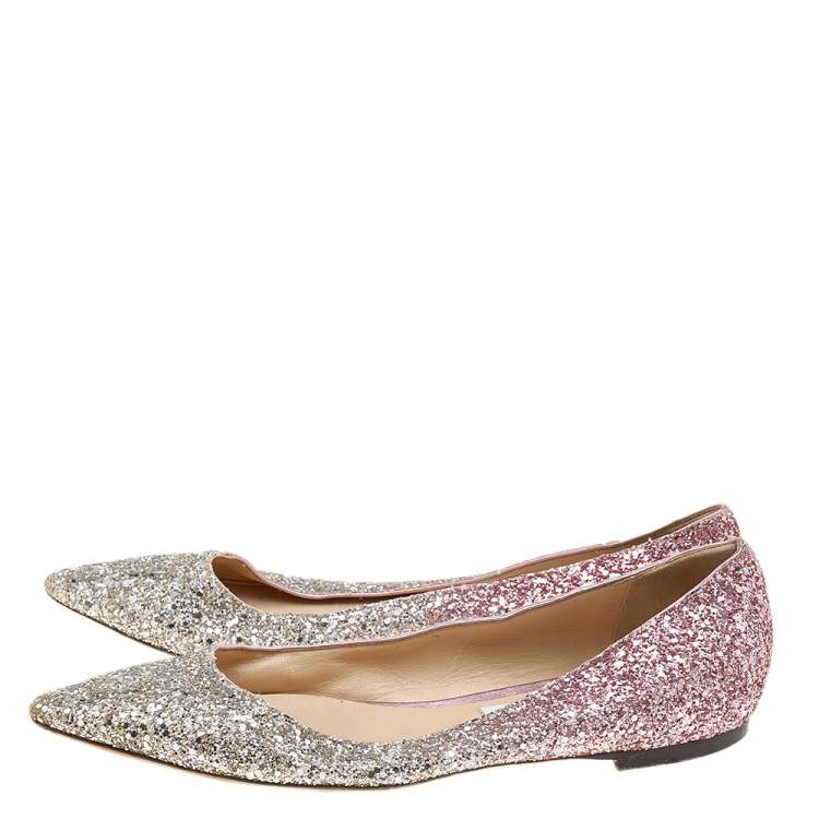 Pre Owned Jimmy Choo Metallic Silver/Pink Glitter Romy Pointed Toe Ballet Flats Size 40.5
