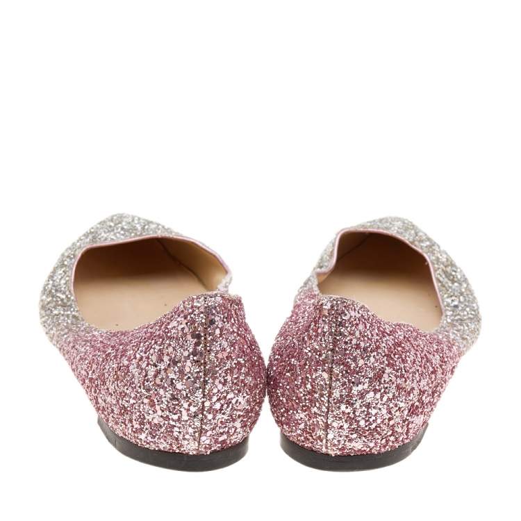 Pre Owned Jimmy Choo Metallic Silver/Pink Glitter Romy Pointed Toe Ballet Flats Size 40.5
