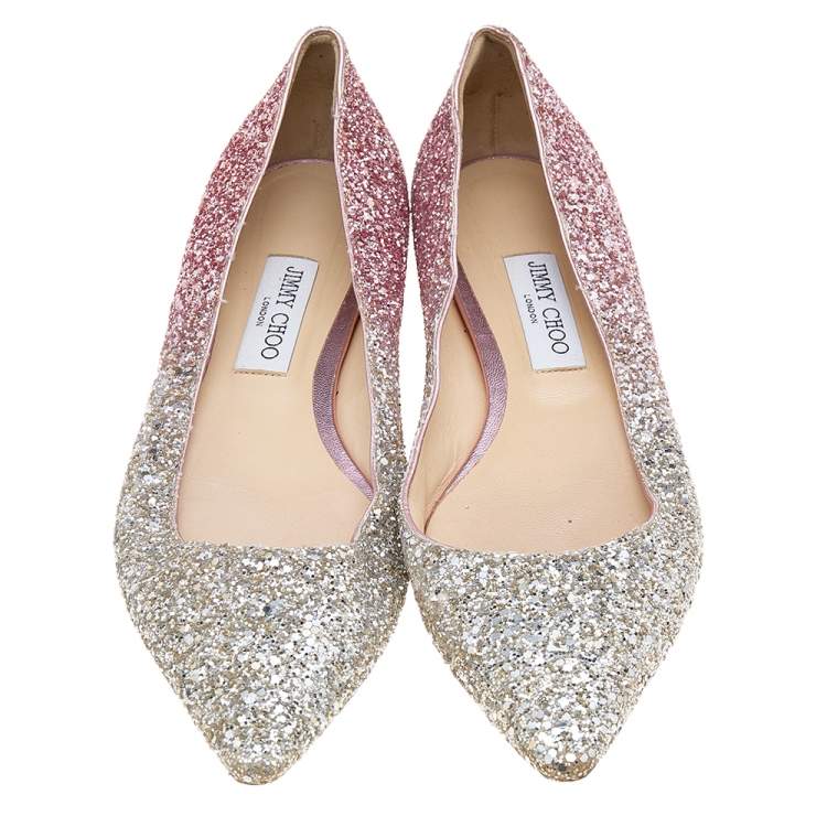 Pre Owned Jimmy Choo Metallic Silver/Pink Glitter Romy Pointed Toe Ballet Flats Size 40.5