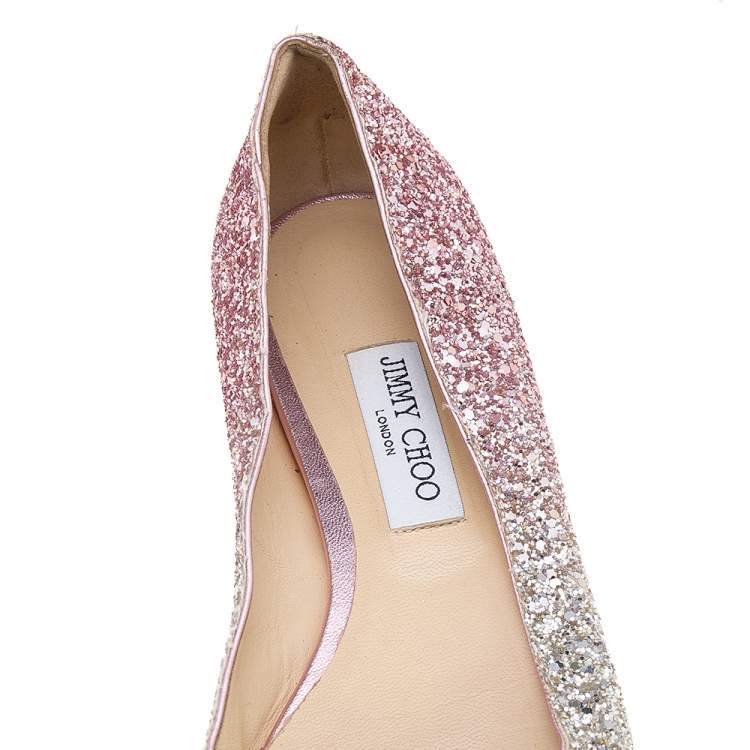 Pre Owned Jimmy Choo Metallic Silver/Pink Glitter Romy Pointed Toe Ballet Flats Size 40.5