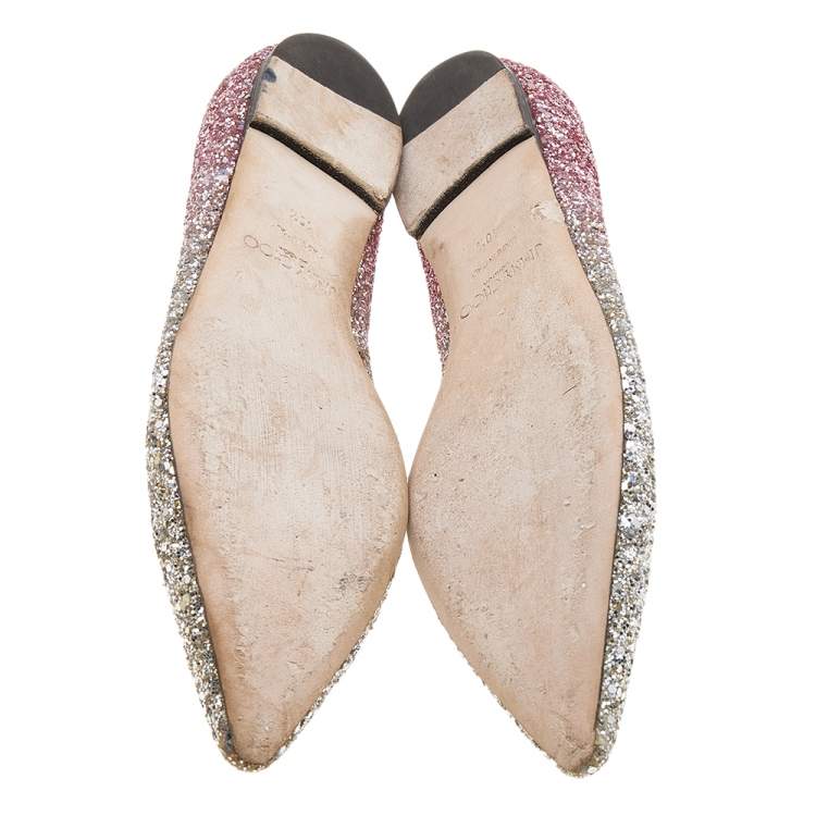 Pre Owned Jimmy Choo Metallic Silver/Pink Glitter Romy Pointed Toe Ballet Flats Size 40.5