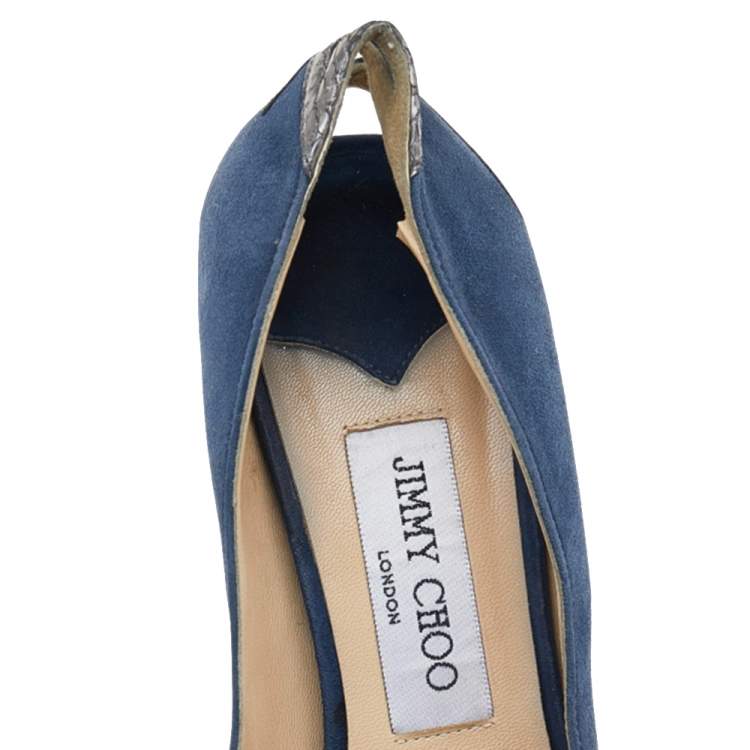 Pre Owned Jimmy Choo Blue Suede and Snakeskin Peep Toe Pumps Size 36.5