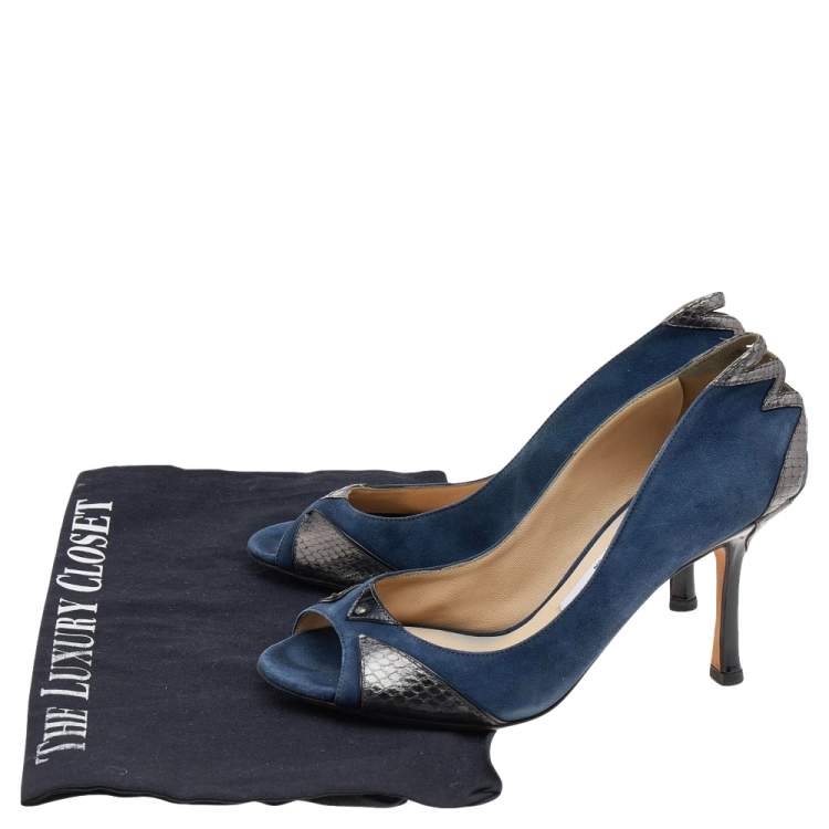 Pre Owned Jimmy Choo Blue Suede and Snakeskin Peep Toe Pumps Size 36.5