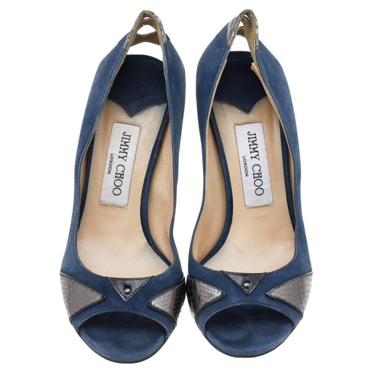 Pre Owned Jimmy Choo Blue Suede and Snakeskin Peep Toe Pumps Size 36.5