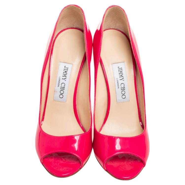 Pre Owned Jimmy Choo Neon Pink Patent Leather Peep-Toe Wedge Pumps Size 38