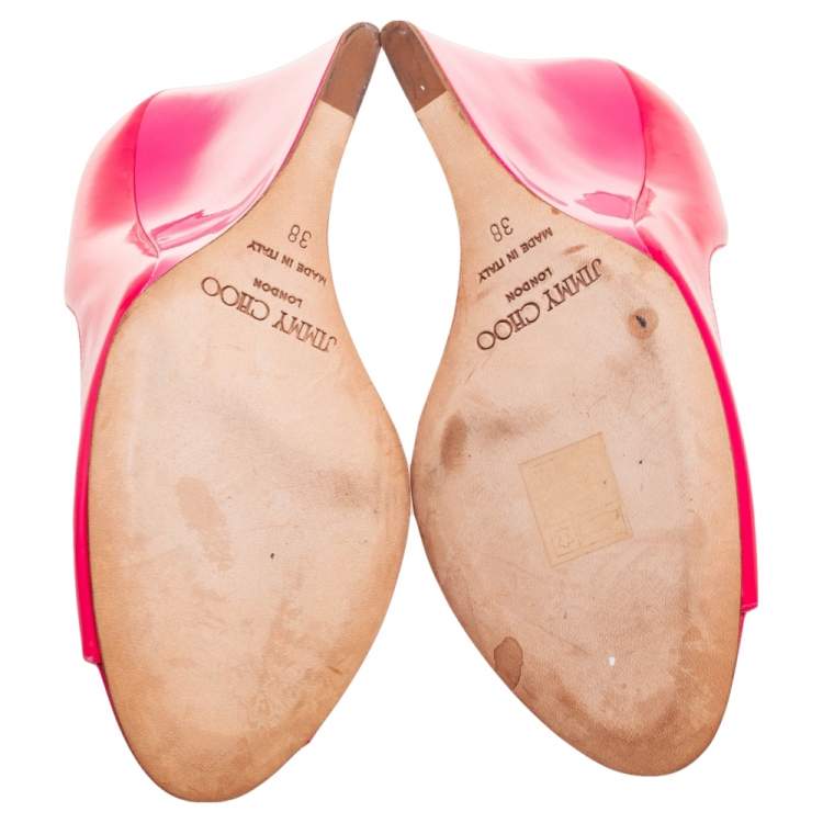 Pre Owned Jimmy Choo Neon Pink Patent Leather Peep-Toe Wedge Pumps Size 38