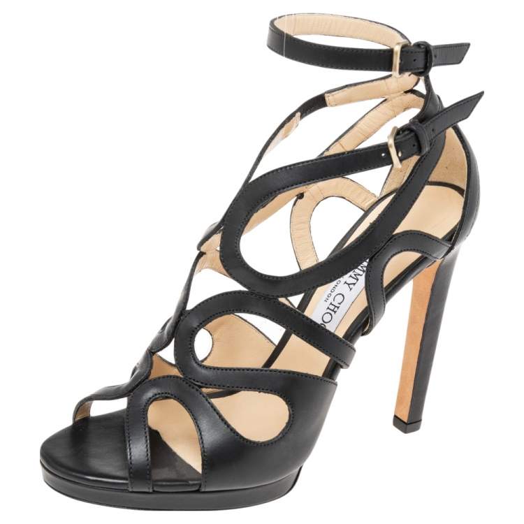 Pre Owned Jimmy Choo Black Leather Caged Ankle Sandals Size 39