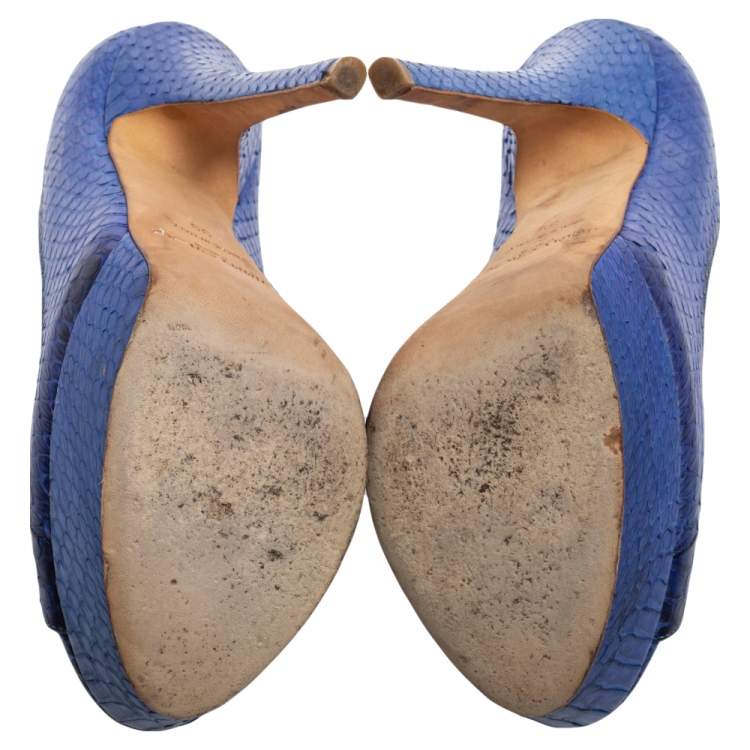 Pre Owned Jimmy Choo Blue Python Embossed Leather Peep Toe Platform Pumps Size 39