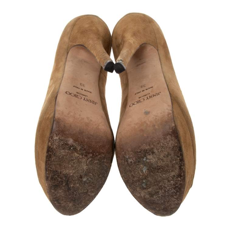 Pre Owned Jimmy Choo Brown Suede Peep Toe Platform Pumps Size 39
