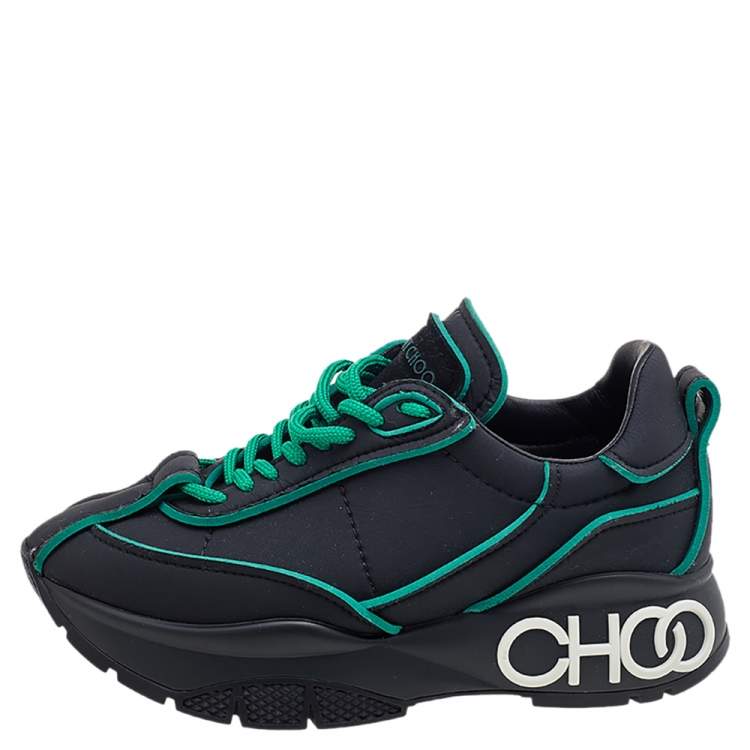 Pre Owned Jimmy Choo Black/Green Neoprene Raine Low Top Sneakers Size 37