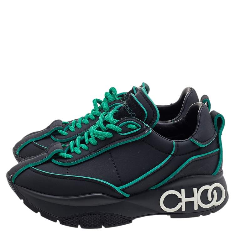 Pre Owned Jimmy Choo Black/Green Neoprene Raine Low Top Sneakers Size 37