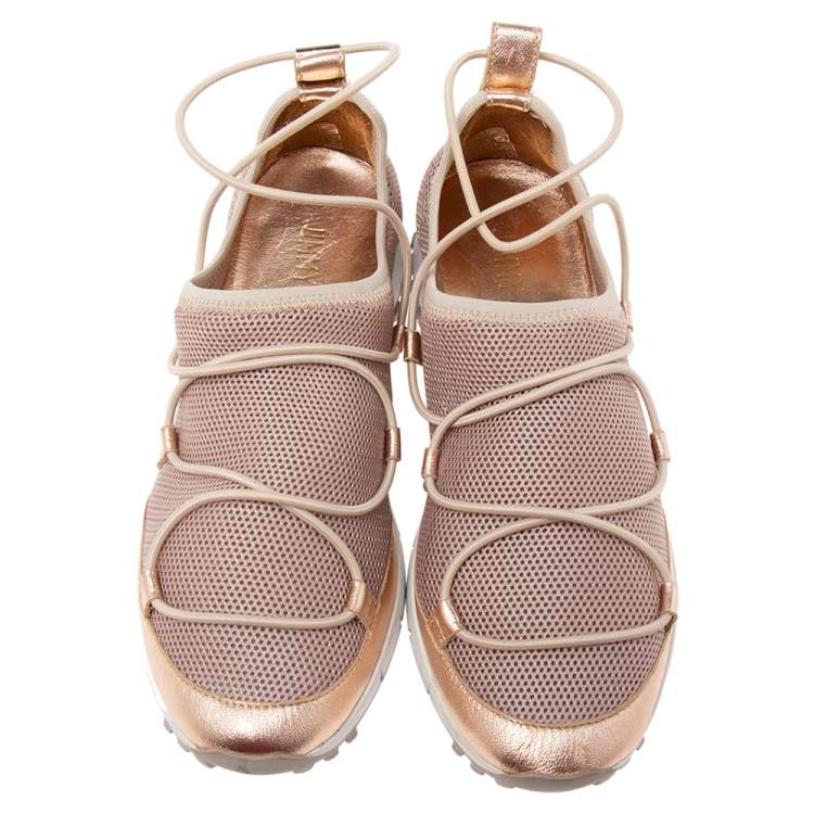 Pre Owned Jimmy Choo Dusty Pink/ Rose Gold Mesh and Leather Trim Andrea Slip-On Sneakers Size 36