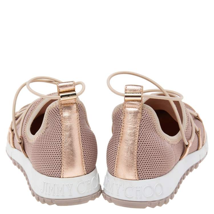 Pre Owned Jimmy Choo Dusty Pink/ Rose Gold Mesh and Leather Trim Andrea Slip-On Sneakers Size 36