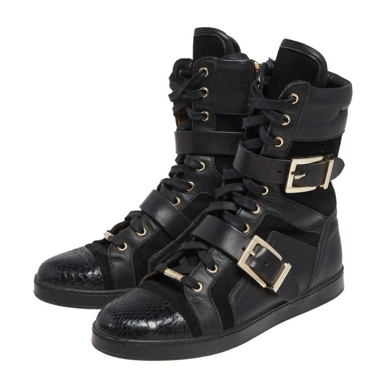 Pre Owned Jimmy Choo Black Suede And Leather Combat Boots Size 36