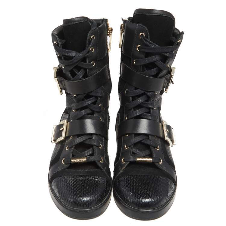 Pre Owned Jimmy Choo Black Suede And Leather Combat Boots Size 36