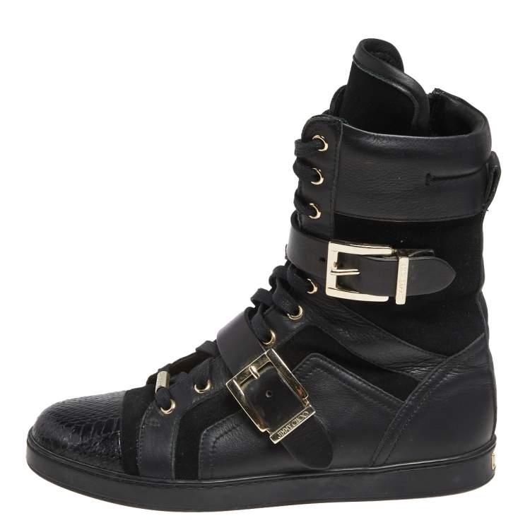 Pre Owned Jimmy Choo Black Suede And Leather Combat Boots Size 36