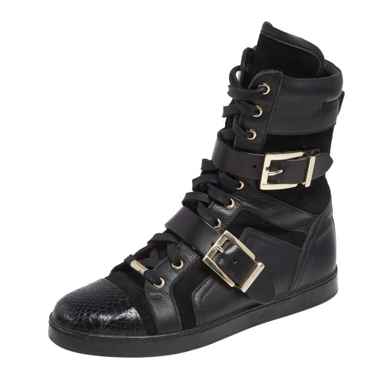Pre Owned Jimmy Choo Black Suede And Leather Combat Boots Size 36