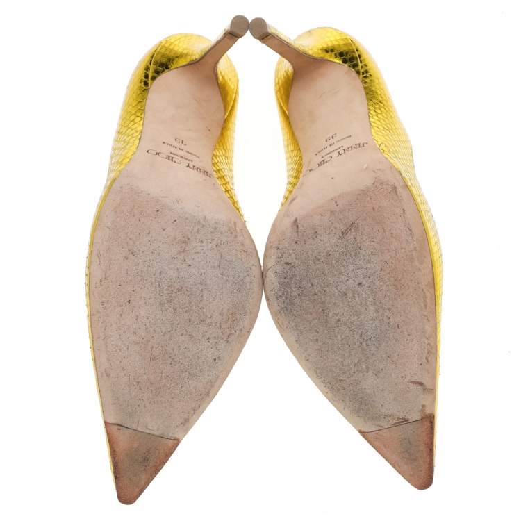 Pre Owned Jimmy Choo Metallic Yellow Python Embossed Leather Abel Pointed Pumps Size 39