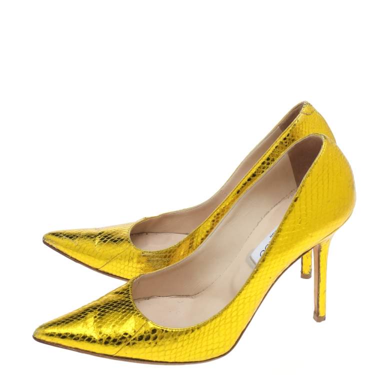 Pre Owned Jimmy Choo Metallic Yellow Python Embossed Leather Abel Pointed Pumps Size 39