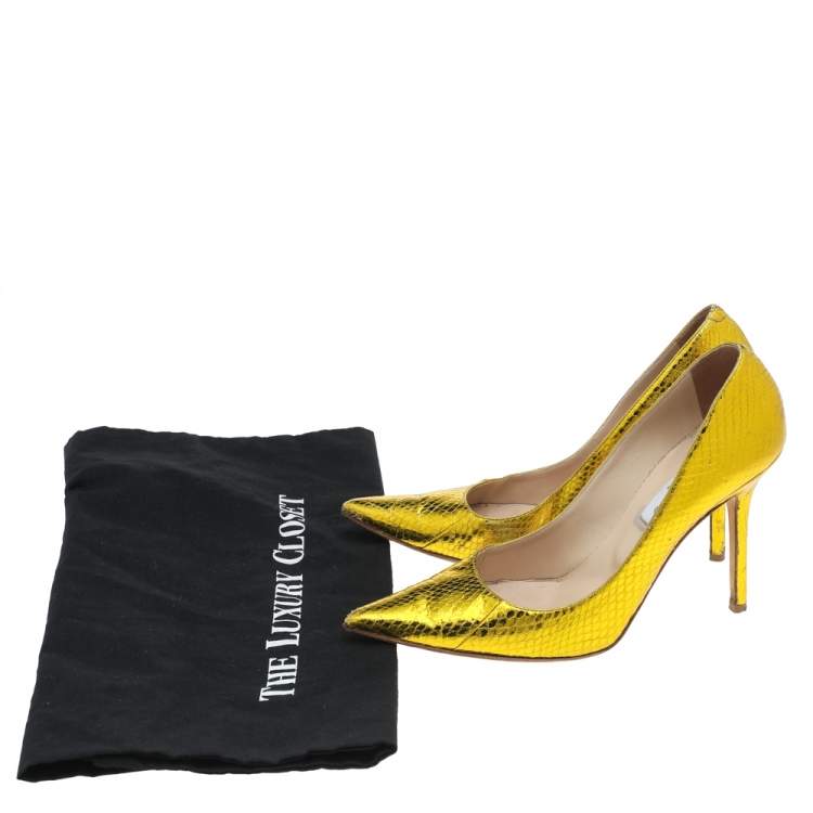 Pre Owned Jimmy Choo Metallic Yellow Python Embossed Leather Abel Pointed Pumps Size 39