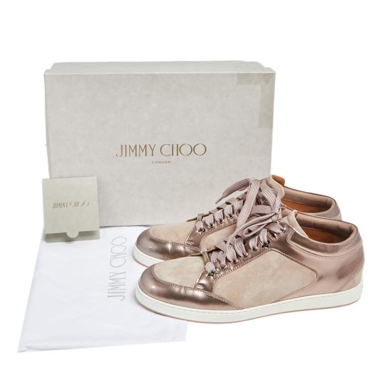 Pre Owned Jimmy Choo Metallic/Beige  Suede And Patent Miami Lace Up  Sneakers  Size 39.5
