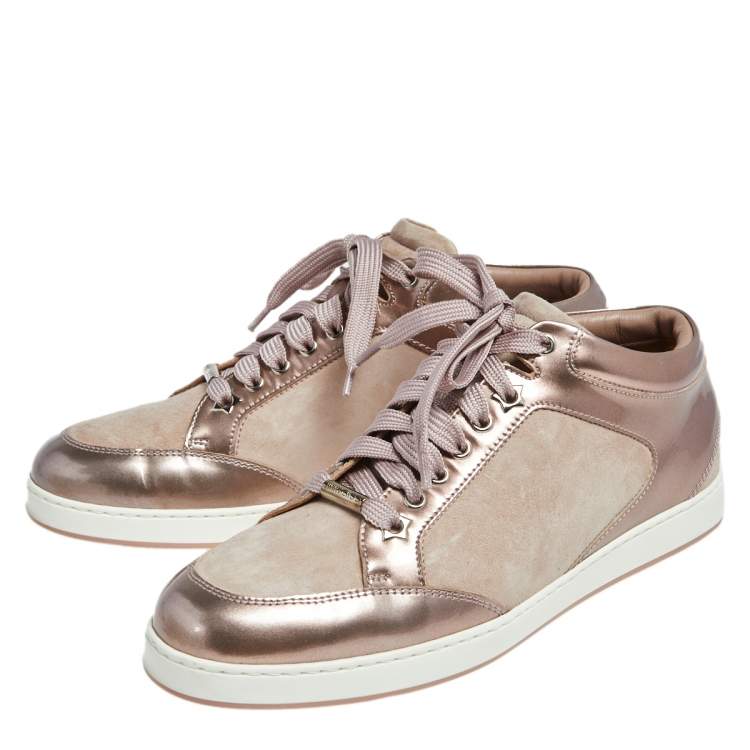 Pre Owned Jimmy Choo Metallic/Beige  Suede And Patent Miami Lace Up  Sneakers  Size 39.5