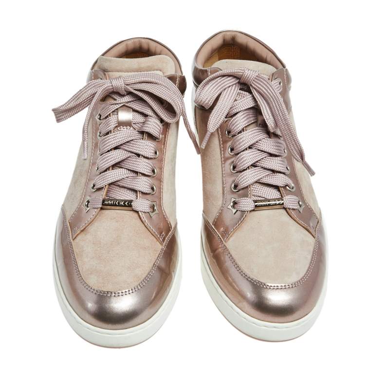 Pre Owned Jimmy Choo Metallic/Beige  Suede And Patent Miami Lace Up  Sneakers  Size 39.5