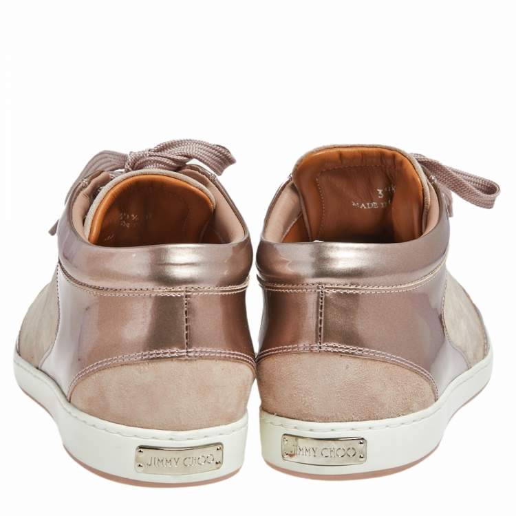 Pre Owned Jimmy Choo Metallic/Beige  Suede And Patent Miami Lace Up  Sneakers  Size 39.5