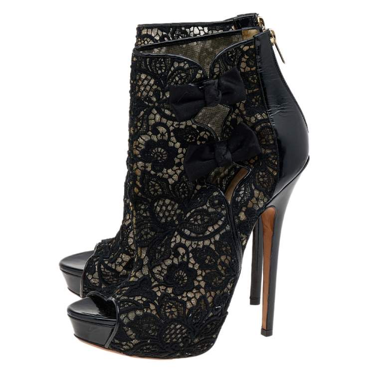 Pre Owned Jimmy Choo Black Lace And Patent Leather Bow Peep Toe Platform Booties Size 40.5