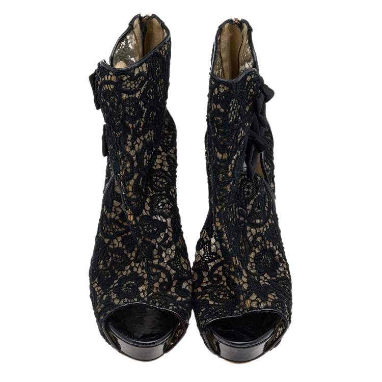 Pre Owned Jimmy Choo Black Lace And Patent Leather Bow Peep Toe Platform Booties Size 40.5