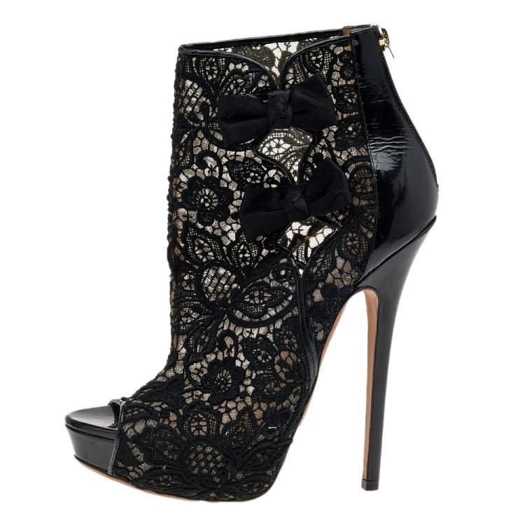 Pre Owned Jimmy Choo Black Lace And Patent Leather Bow Peep Toe Platform Booties Size 40.5