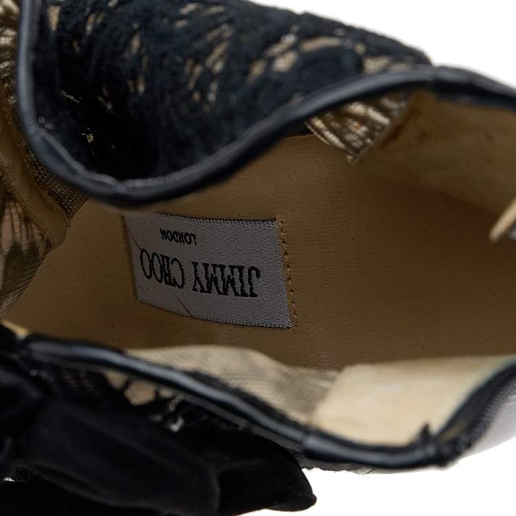 Pre Owned Jimmy Choo Black Lace And Patent Leather Bow Peep Toe Platform Booties Size 40.5