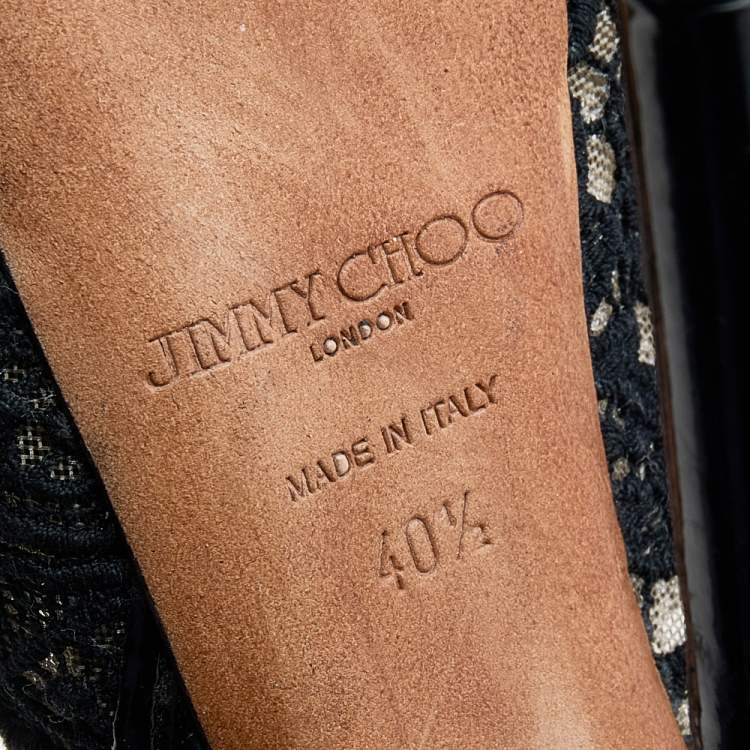Pre Owned Jimmy Choo Black Lace And Patent Leather Bow Peep Toe Platform Booties Size 40.5