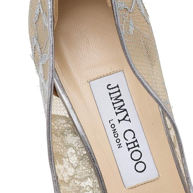 Pre Owned Jimmy Choo Metallic Silver Lace Dahlia Peep Toe Platform Pumps Size 37.5
