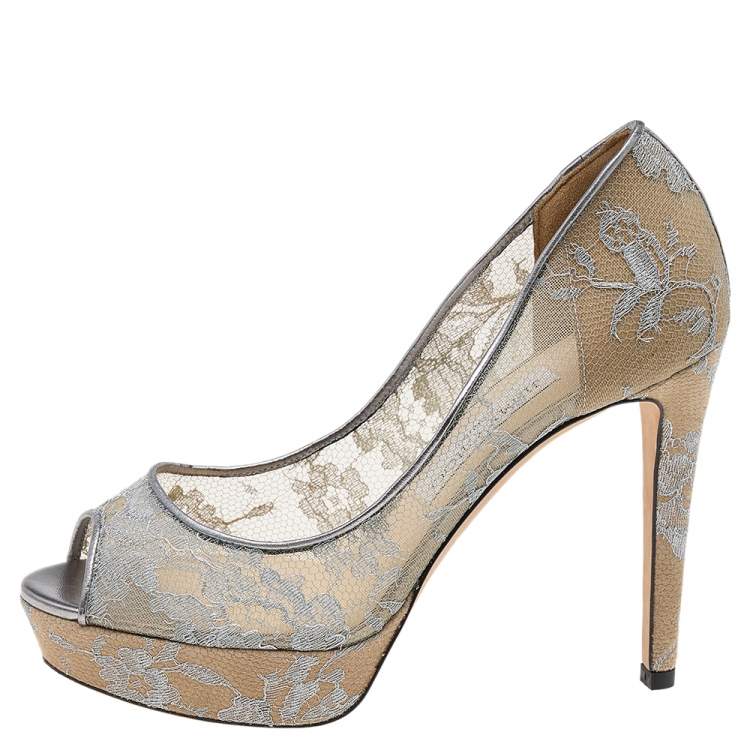 Pre Owned Jimmy Choo Metallic Silver Lace Dahlia Peep Toe Platform Pumps Size 37.5