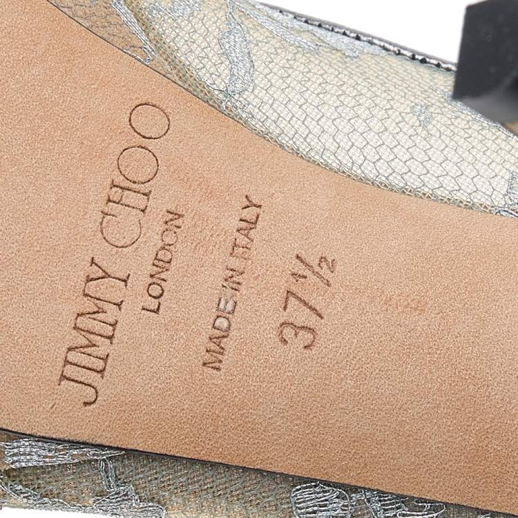 Pre Owned Jimmy Choo Metallic Silver Lace Dahlia Peep Toe Platform Pumps Size 37.5