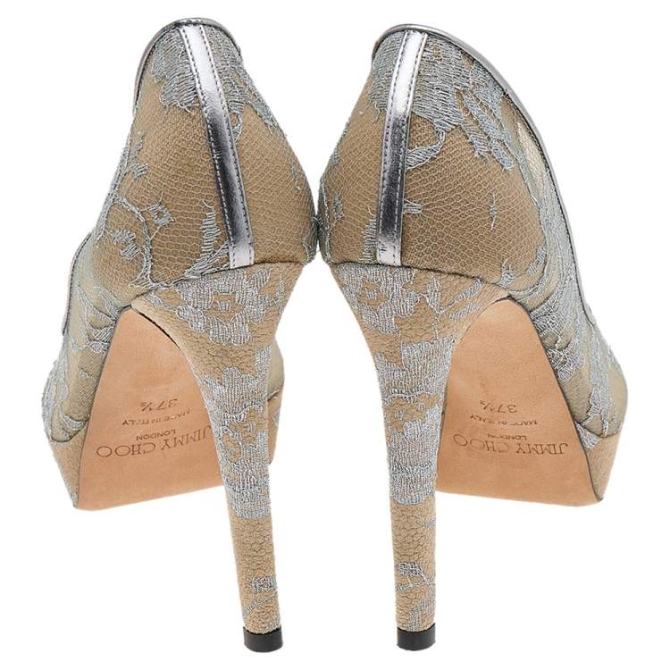 Pre Owned Jimmy Choo Metallic Silver Lace Dahlia Peep Toe Platform Pumps Size 37.5